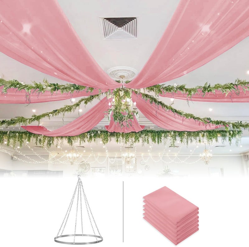 ROMANKAS Ceiling Drapes Hanging Kit Dusty Rose Ceiling Drapes 6 Panels 5x10ft with 12 Inch Ceiling Drapes for Weddings Ceilings Draping Canopy Hoop Wedding Arch Draping Fabric for Banquet Party Decor - Image 1